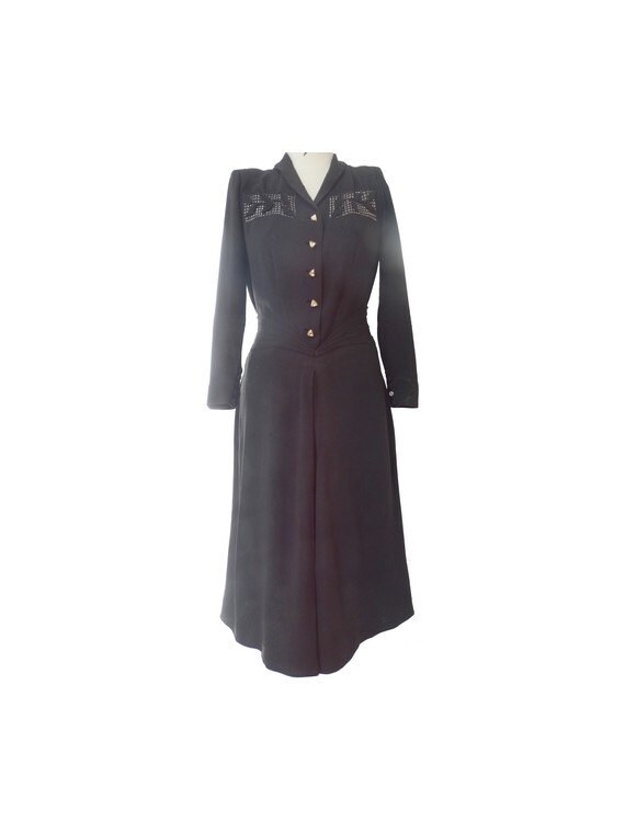 1940s french crepe embroidered structural black DR