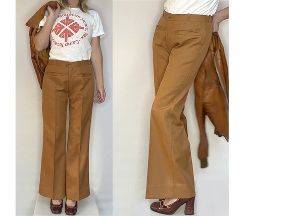 Women 70s Flares Suit Wool PANTS Brown 