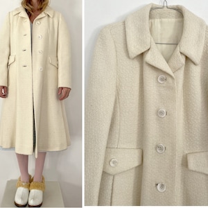 women vintage 1970s Tweed wool beige PEACOAT size fr38-uk10-us6