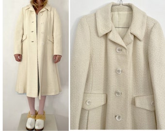 women vintage 1970s Tweed wool beige PEACOAT size fr38-uk10-us6