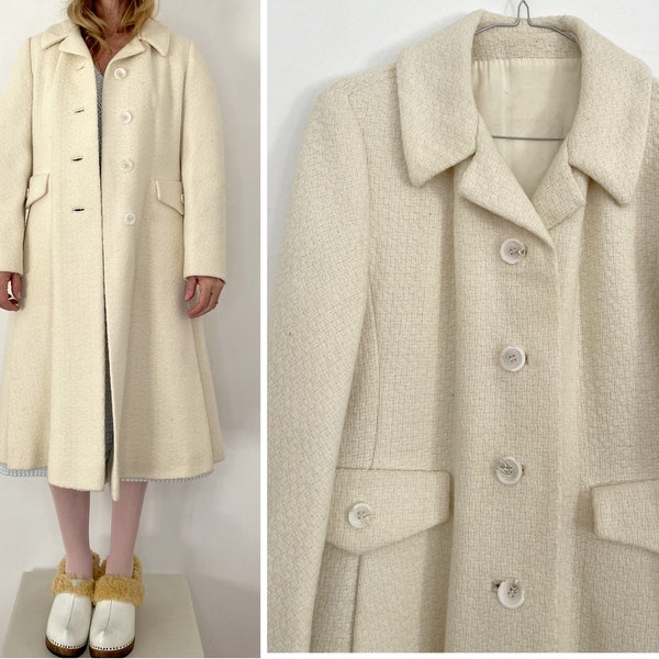 femmes vintage des années 1970 Tweed laine beige caban taille fr38-uk10-us6