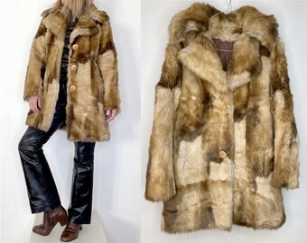 women 1970s Faux  Fake Fur Vegan PEACOAT coat winter faux fur Jacket size fr 40-uk12-us8