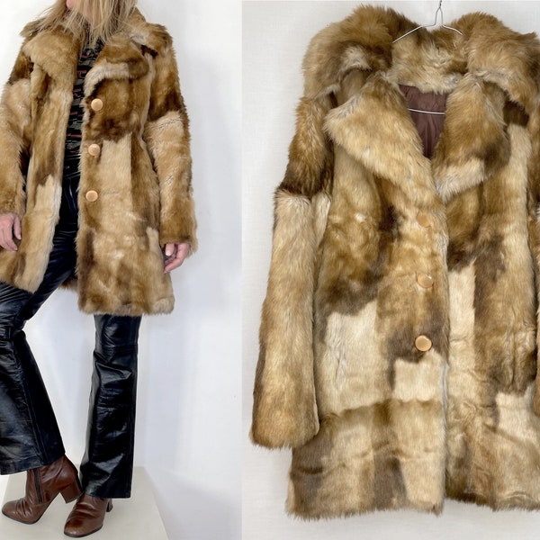 femmes années 1970 Faux Fake Fur Vegan PEACOAT manteau hiver fausse fourrure Veste taille fr 40-uk12-us8