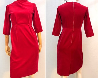 Couture 1960s Red Velvet  Pencil  Winter Party Cocktail Empire waist Long Sleeves DRESS // size eu 38-uk10-us6