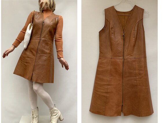 70s vintage Leather sleeveless DRESS zipped leathe