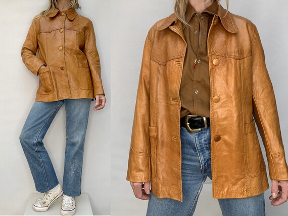 70s leather jacket natural tan leather jacket size