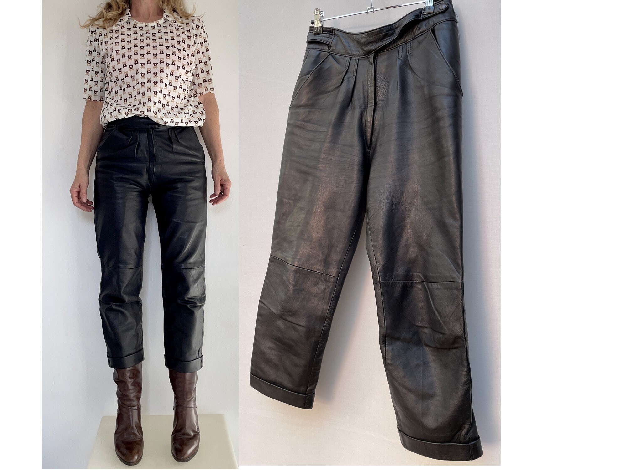 Women 80s Black Leather PANTS Leather 