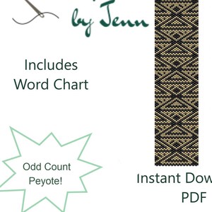 May include: A black and beige peyote stitch bracelet pattern with a geometric design. The pattern includes a word chart and is an instant download PDF.