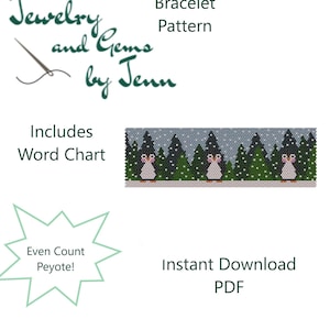 Può includere: Un modello di download digitale per un braccialetto di perline con pinguini in una scena di foresta innevata. Il modello è per punto peyote a conteggio pari e include un grafico di parole. Il modello è intitolato "Jewelry and Gems by Jenn".
