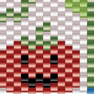 May include: A red and black pixel art design of a smiling pumpkin with a green stem. The design is made up of small squares.