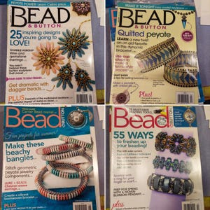 May include: Four issues of Bead & Button magazine featuring colorful beading projects. The covers showcase a variety of techniques, including peyote stitch, wire wrapping, and loom weaving. The magazines feature titles like "25 Inspiring Designs You're Going to Love!" and "55 Ways to Freshen Up Your Beading!"