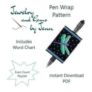 May include: A beaded pen wrap pattern featuring a dragonfly design in shades of green, purple, and black. The pattern is even count peyote and includes a word chart. Instant download PDF.