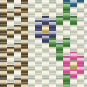 May include: A beaded pattern with three vertical sections. The left section is a brown and white checkered pattern. The middle section is white. The right section features a repeating pattern of pink, blue, and purple flowers with yellow centers and green leaves.