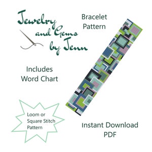 May include: A digital download pattern for a beaded bracelet with a geometric design in shades of blue, green, and gray. The pattern includes a word chart and is suitable for loom or square stitch.