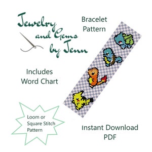 May include: A digital download pattern for a Pokemon themed bracelet. The pattern includes a word chart and is for loom or square stitch. The bracelet features Pikachu, Charmander, Squirtle, and Bulbasaur.