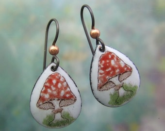 Fairy Mushroom Handpainted Enamel Earrings, mushroom jewelry, magic mushrooms, amanita muscaria, flower child, hippy jewelry