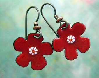 Simple Flower Earrings, Copper Enamel Jewelry handmade in North Carolina