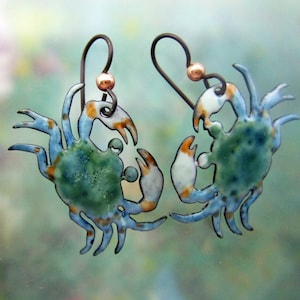 Blue Crab Enamel Earrings: Handmade Copper Jewelry, Niobium Wires