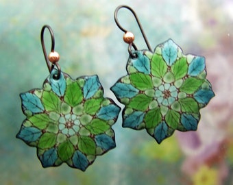 Leaf Mandala Enamel Earrings, Copper Enamel Jewelry Handmade in North Carolina