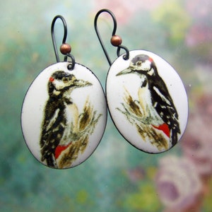 Spotted Woodpecker Earrings, birdwatcher earrings, bird lover gift, bird jewelry, nature inspired jewelry, enamel earrings handmade in NC