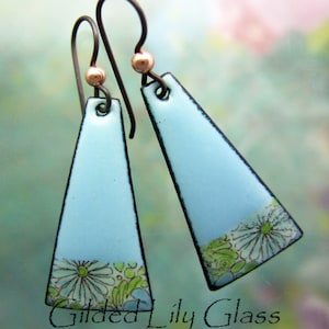 Handmade earrings chopsticks green-turquoise No 186 hanging earrings enamel on copper