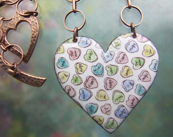 Conversation Hearts Enamel Pendant, Copper Enamel Jewelry handmade in North Carolina