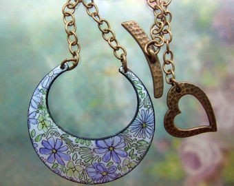Hand-Painted Enamel Crescent Pendant: Aqua Daisy Copper Jewelry