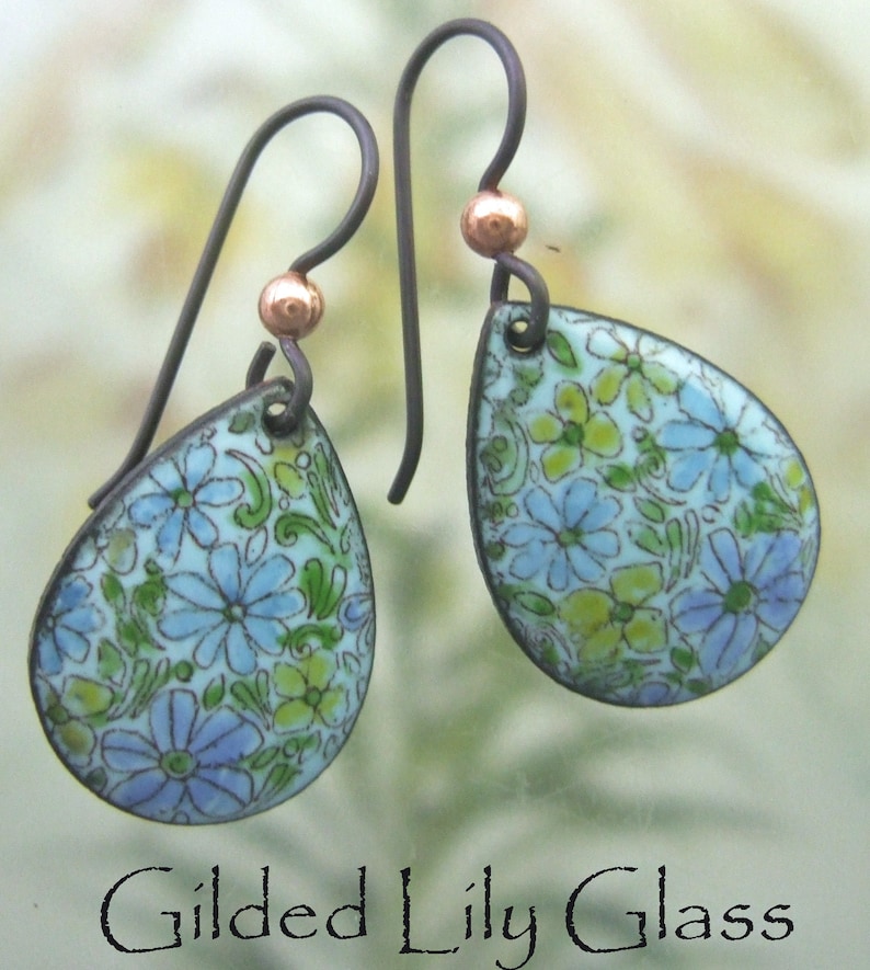 Aqua Daisies Enamel Teardrop Earrings Copper Enamel Jewelry handmade in North Carolian