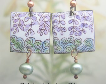 Hand-Painted Wisteria Enamel Earrings, Copper, Pearl Accent