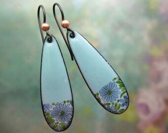 Aqua Daisies Drop Enamel  Earrings, Copper Enamel Jewelry handmade in North Carolian