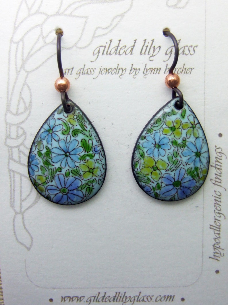 Aqua Daisies Enamel Teardrop Earrings Copper Enamel Jewelry handmade in North Carolian