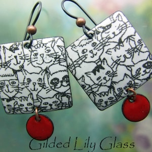 Hand-Painted Enamel Cat Earrings: Copper & Sterling Silver