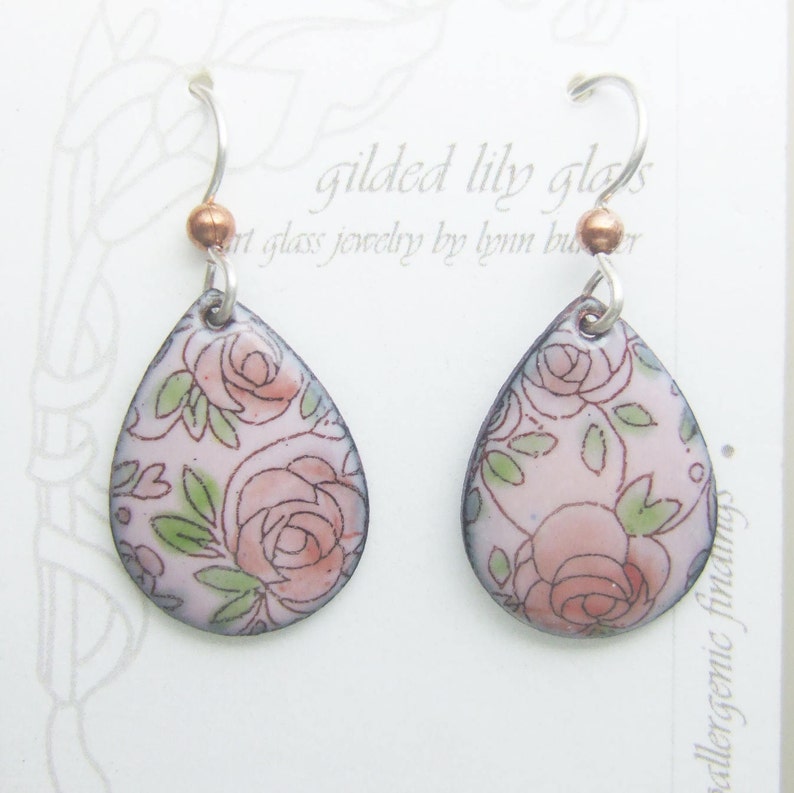 Pink Roses Enamel Teardrop Earrings Copper Enamel Jewelry Etsy