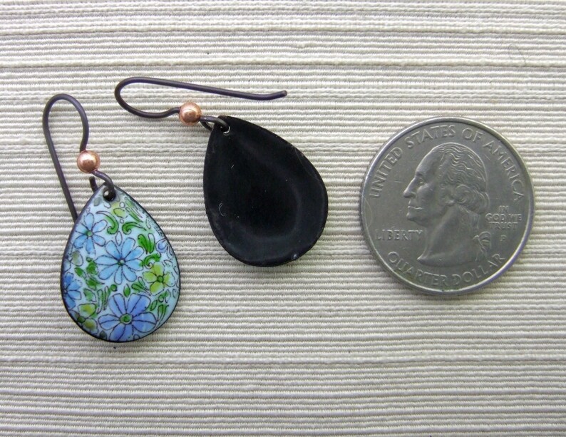 Aqua Daisies Enamel Teardrop Earrings Copper Enamel Jewelry handmade in North Carolian