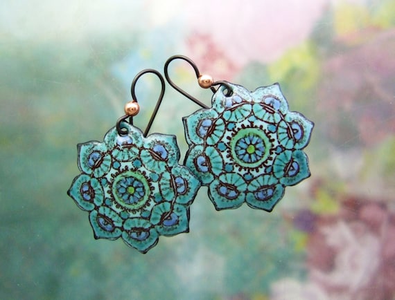 Teal Pinwheel Enamel Earrings Copper Enamel Jewelry Handmade in North Carolina Etsy