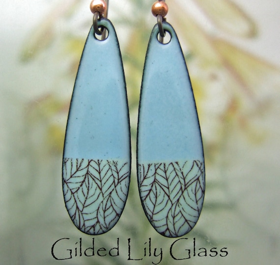 Aqua Daisies Enamel Teardrop Earrings Copper Enamel Jewelry handmade in North Carolian