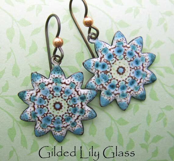 Handmade earrings chopsticks green-turquoise No 186 hanging earrings enamel on copper