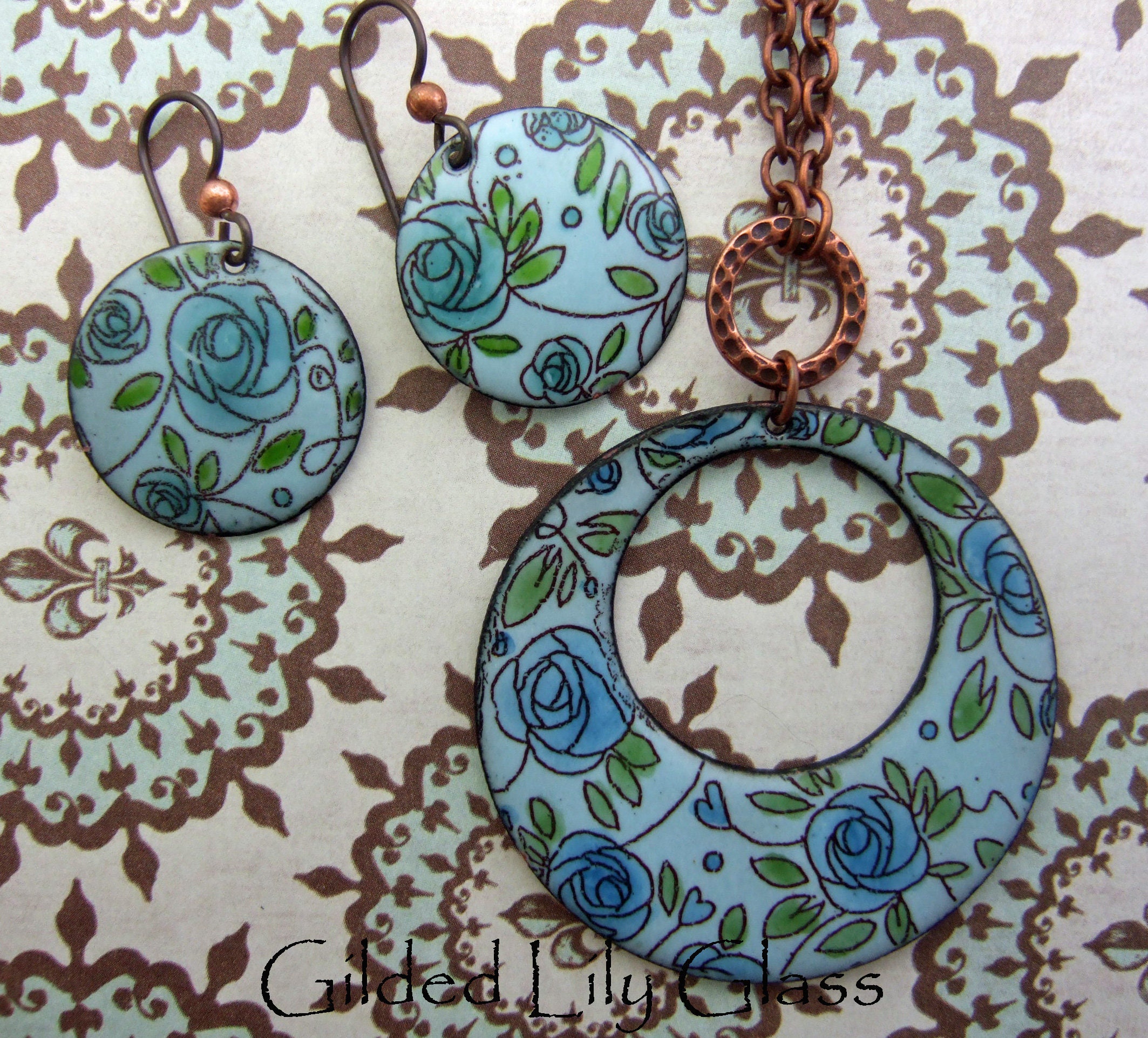 Aqua Roses Enamel Earrings Copper Enamel Jewelry Handmade in Etsy
