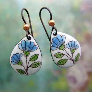 Swedish Folk Flowers Teardrop Earrings, hand-painted enamel jewelry, flower jewelry, Easter gift, gardener gift, valentine gift