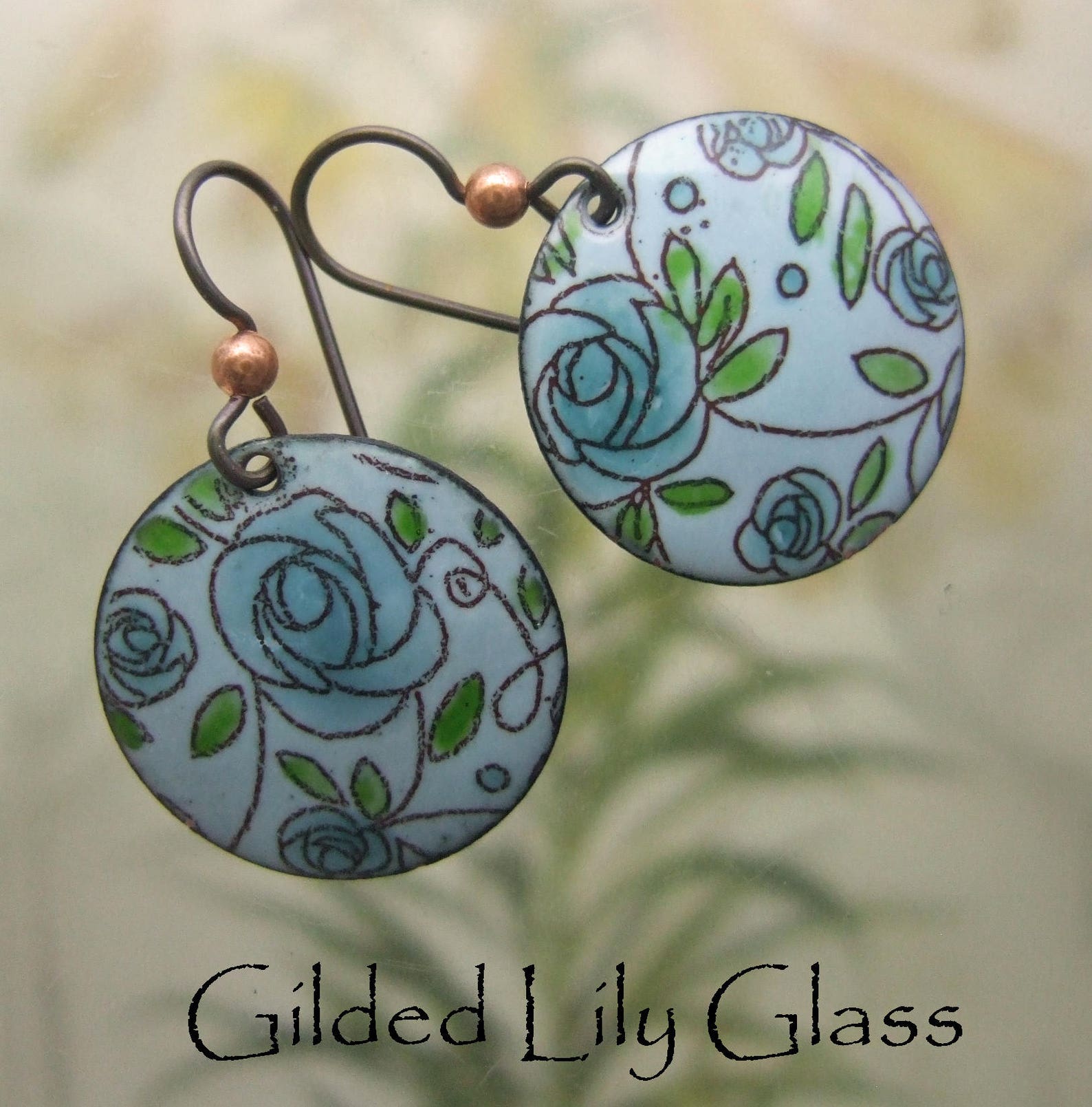 Aqua Roses Enamel Earrings Copper Enamel Jewelry Handmade in Etsy