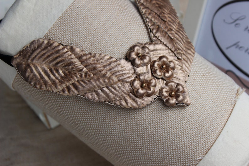 handmade necklace collar necklace leather jewelry leather bib necklace with leaves and flowers in gold