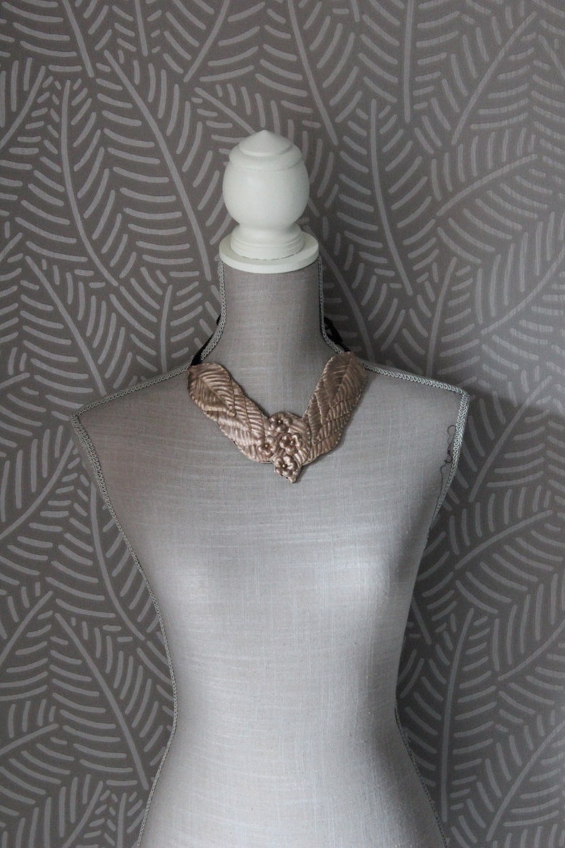 handmade necklace collar necklace leather jewelry leather bib necklace with leaves and flowers in gold