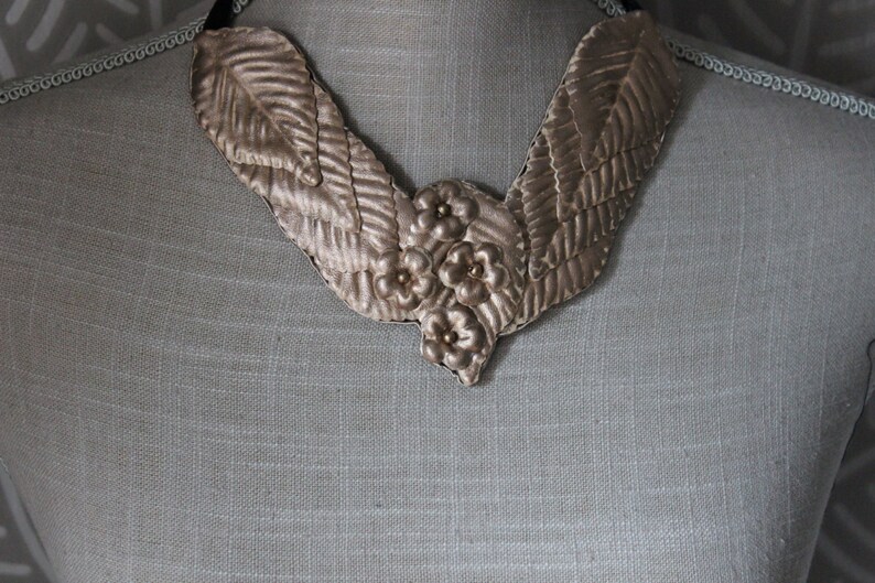 handmade necklace collar necklace leather jewelry leather bib necklace with leaves and flowers in gold
