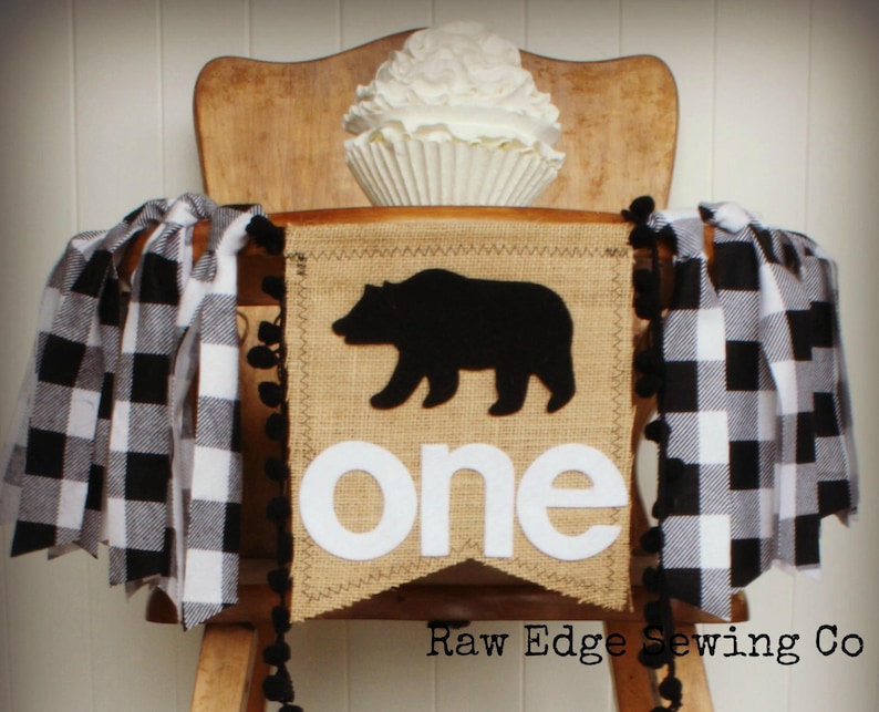 BEAR Camping Cabin Fishing Hunting Elk Deer Duck Moose Birthday High Chair Highchair Birthday Banner Buffalo Plaid First Wild One Woodland