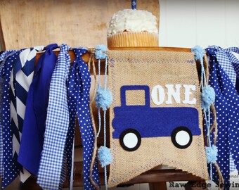 Little Blue Truck Highchair High Chair Birthday Banner Vintage Truck Blue Plaid Gingham Little Man Farm Farmer Animals Party First One