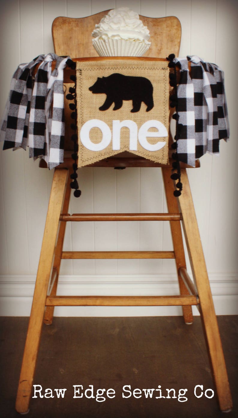 BEAR Camping Cabin Fishing Hunting Elk Deer Duck Moose Birthday High Chair Highchair Birthday Banner Buffalo Plaid First Wild One Woodland