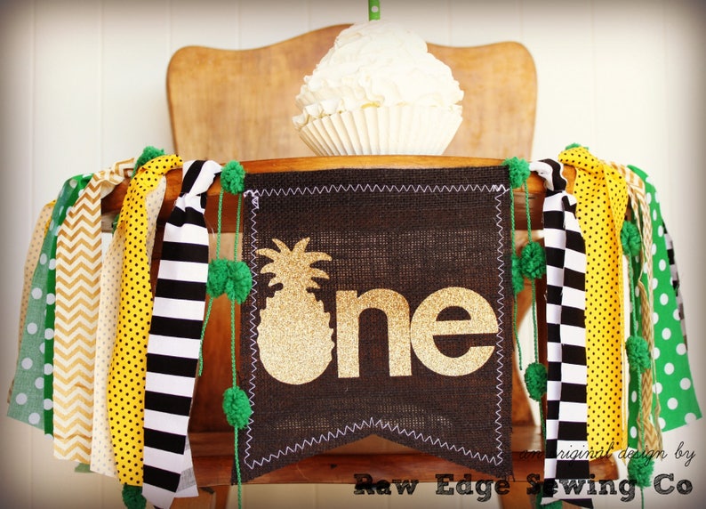 Pineapple Birthday High Chair Highchair Banner Pool Party Photo Prop Black Gold Cake Smash Summer One First Hawaiian Luau Summer Fabric