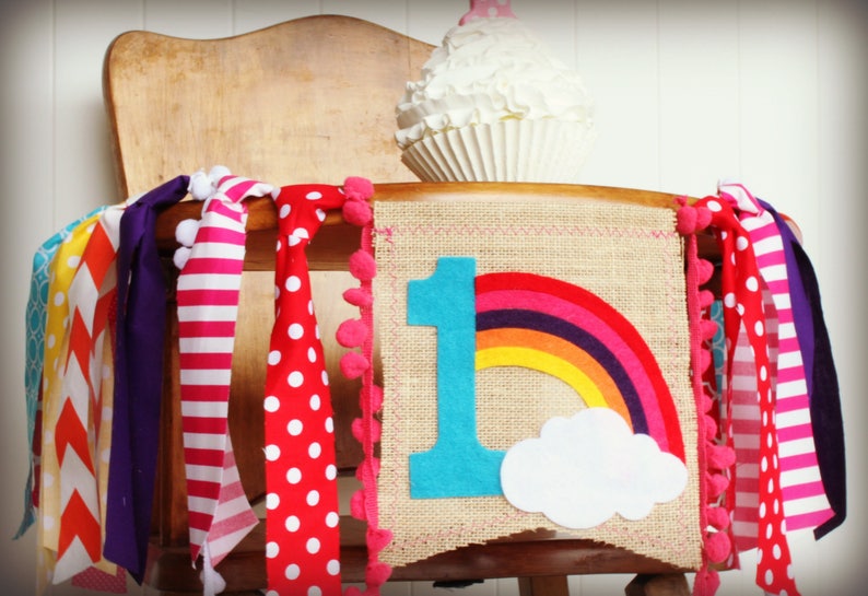 Rainbow Birthday High Chair Highchair Banner Party Photo Prop Backdrop Fabric Cake Smash Girl Boy Baby First One Custom Fabric Pom Poms