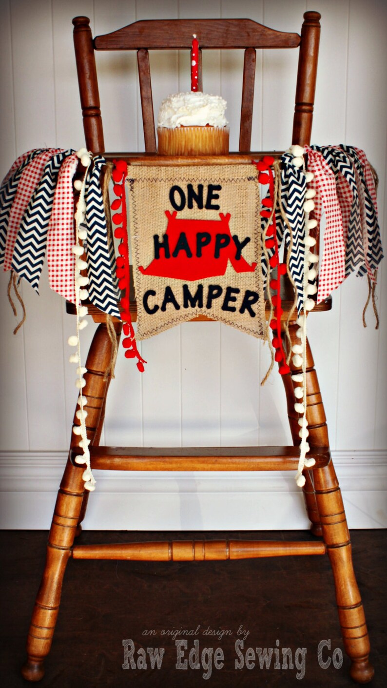 Download One Happy Camper Birthday Highchair High Chair Banner Camping Fishing Hunting Tent Woodland Camp Burlap Wild One Blue Red First Custom Paper Party Supplies Party Decor