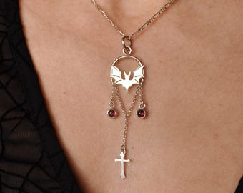 statement necklace with bats and garnets